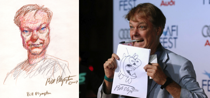 Bill Plympton, side by side! Self portrait (left) and at the 2008 AFI Fest)